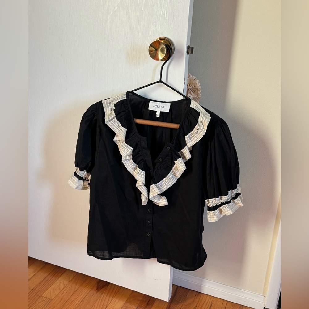 THE GREAT. Black and White Ruffle Blouse